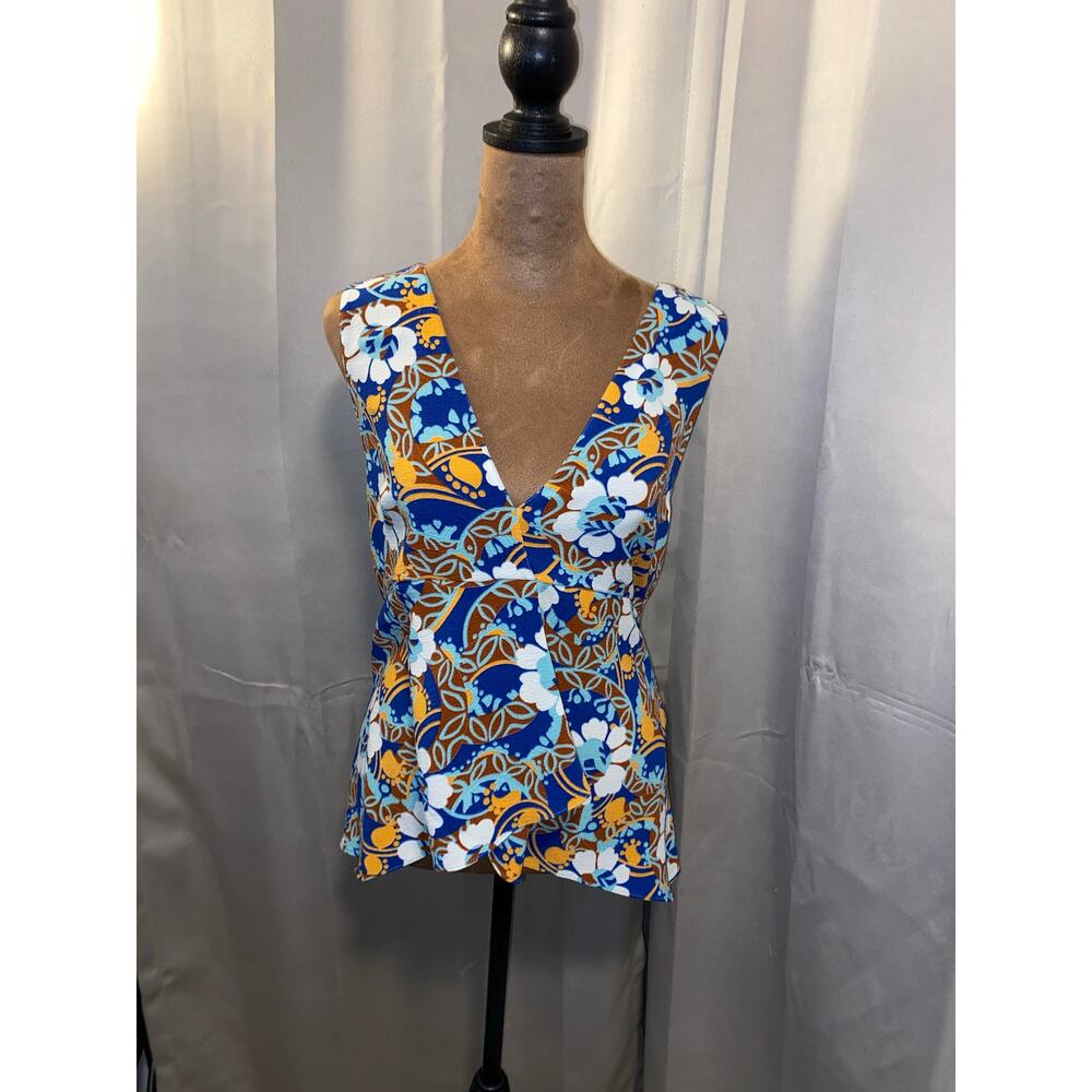 Zara Woman Floral Peplum Top Size Small V-Neck Sleeveless Blue Boho
